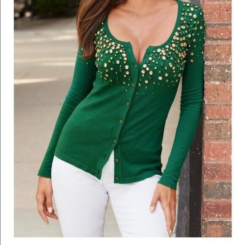 BOSTON PROPER EMBELLISHED BUTTON UP CARDIGAN SIZE: XS